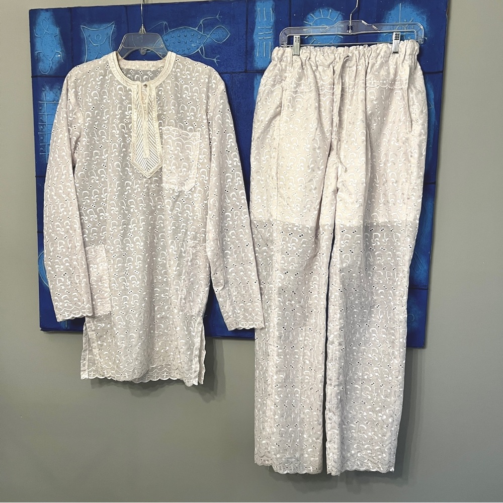 Traditional African Eyelet Dashiki Pant Set Embroidered Yoke - Light Grey/White
